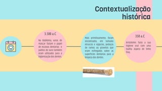 Contextualização
histórica
Na Babilónia, varas de
mascar faziam o papel
de escovas dentárias e
palitos de ouro também
eram utilizados para a
higienização dos dentes.
3.500 a.C
Mais primitivamente, foram
encontrados, em túmulos
etruscos e egípcios, pedaços
de ramos ou gravetos que
eram esfregados sobre as
superfícies dentárias para a
limpeza dos dentes.
Aristóteles fazia a sua
higiene oral com uma
toalha áspera de linho
fino;
350 a.C
 