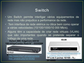 • Um Switch permite interligar vários equipamentos de
  rede mas não prejudica a performance da rede.
• Tem interface de rede elétrica ou ótica bem como operar
  a várias velocidades (10/100/1000/10 000 Mb/s).
• Alguns têm a capacidade de criar rede virtuais (VLAN)
  que são importantes quando se pretende separar o
  tráfego de uma rede.                       €9,99
   Switch SMC EdgeCore 24X10/
100+4GigaCombo Rack19" - ES3528M



 €219,0                                http://www.chip7.pt/catalogo/detalhe
 0                                     s_produto.php?id=49784
   http://www.chip7.pt/catalogo/deta
   lhes_produto.php?id=50362           TP-Link 5 portas 10/100 - TL-
                                       SF1005D
 