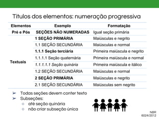 Elementos Exemplo Formatação
Pré e Pós SEÇÕES NÃO NUMERADAS Igual seção primária
Textuais
1 SEÇÃO PRIMÁRIA Maiúsculas e negrito
1.1 SEÇÃO SECUNDÁRIA Maiúsculas e normal
1.1.1 Seção terciária Primeira maiúscula e negrito
1.1.1.1 Seção quaternária Primeira maiúscula e normal
1.1.1.1.1 Seção quinária Primeira maiúscula e itálico
1.2 SEÇÃO SECUNDÁRIA Maiúsculas e normal
2 SEÇÃO PRIMÁRIA Maiúsculas e negrito
2.1 SEÇÃO SECUNDÁRIA Maiúsculas sem negrito
NBR
6024/2012
Títulos dos elementos: numeração progressiva
➢ Todas seções devem conter texto
➢ Subseções:
○ até seção quinária
○ não criar subseção única
 