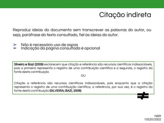 NBR
10520/2002
Silveira e Bazi (2009) esclarecem que citação e referência são recursos científicos indissociáveis,
pois a primeira representa o registro de uma contribuição científica e a segunda, o registro da
fonte desta contribuição
OU
Citação e referência são recursos científicos indissociáveis, pois enquanto que a citação
representa o registro de uma contribuição científica, a referência, por sua vez, é o registro da
fonte desta contribuição (SILVEIRA; BAZI, 2009).
Citação indireta
Reproduz ideias do documento sem transcrever as palavras do autor, ou
seja, paráfrase do texto consultado, fiel às ideias do autor.
➢ Não é necessário uso de aspas
➢ Indicação da página consultada é opcional
 