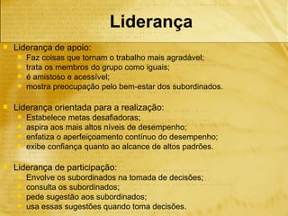 Liderança
   Liderança de apoio:
       Faz coisas que tornam o trabalho mais agradável;
       trata os membros do grupo como iguais;
       é amistoso e acessível;
       mostra preocupação pelo bem-estar dos subordinados.

   Liderança orientada para a realização:
       Estabelece metas desafiadoras;
       aspira aos mais altos níveis de desempenho;
       enfatiza o aperfeiçoamento contínuo do desempenho;
       exibe confiança quanto ao alcance de altos padrões.

   Liderança de participação:
       Envolve os subordinados na tomada de decisões;
       consulta os subordinados;
       pede sugestão aos subordinados;
       usa essas sugestões quando toma decisões.
 