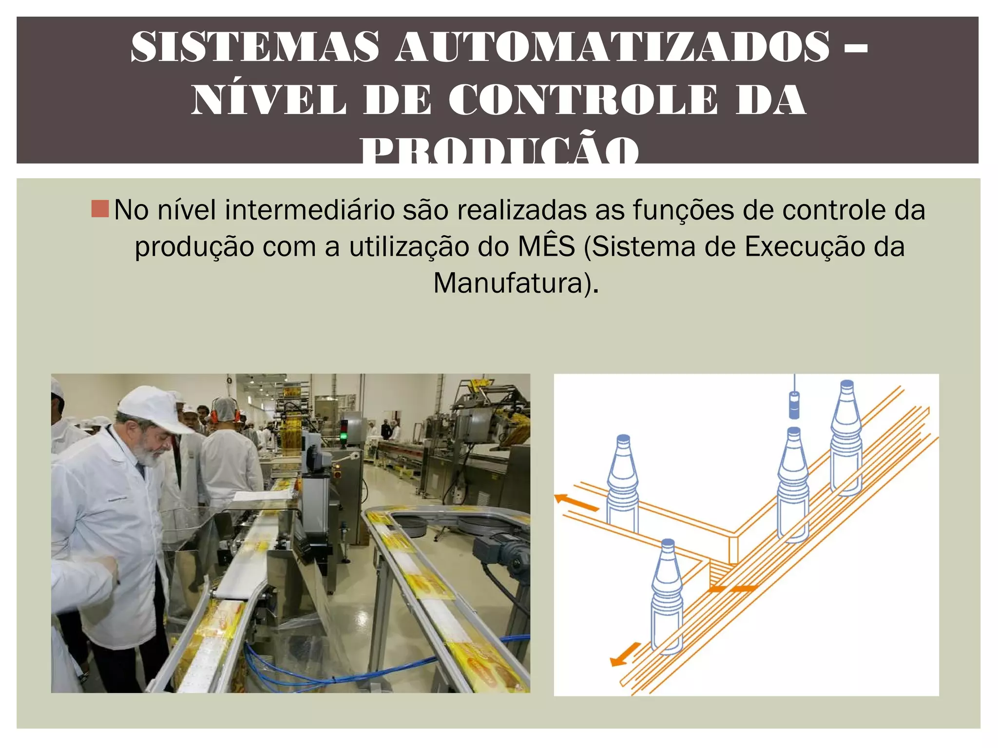 SISTEMAS AUTOMATIZADOS –
NÍVEL DE CONTROLE DA
PRODUÇÃO
No nível intermediário são realizadas as funções de controle da
produção com a utilização do MÊS (Sistema de Execução da
Manufatura).

 