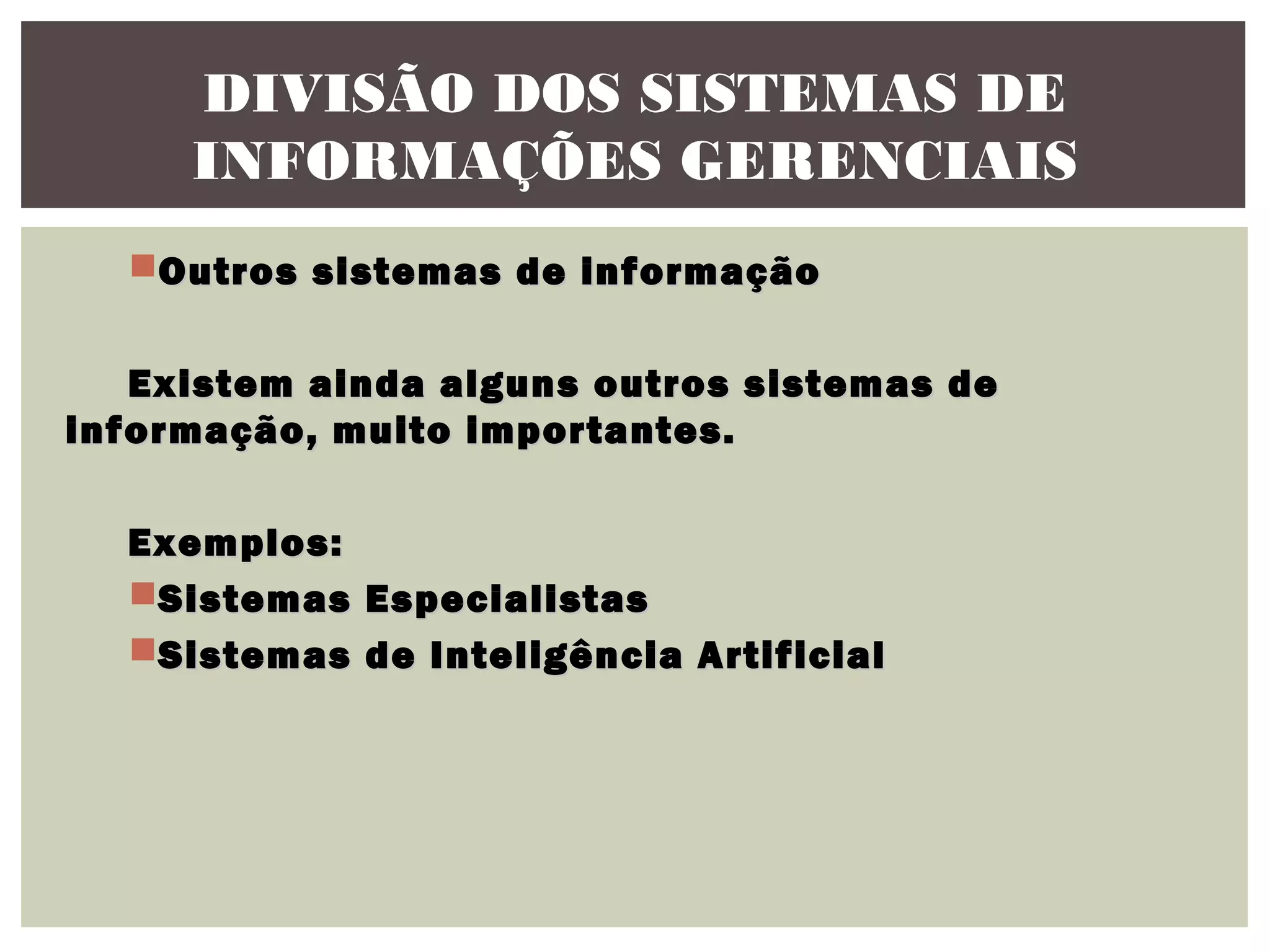 DIVISÃO DOS SISTEMAS DE
INFORMAÇÕES GERENCIAIS
Outros sistemas de informação
Existem ainda alguns outros sistemas de
informação, muito importantes.
Exemplos:
Sistemas Especialistas
Sistemas de Inteligência Artificial

 