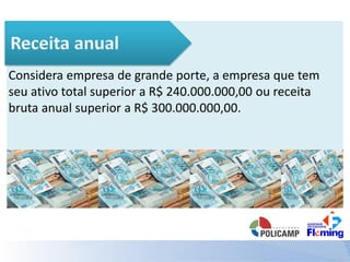 Considera empresa de grande porte, a empresa que tem
seu ativo total superior a R$ 240.000.000,00 ou receita
bruta anual superior a R$ 300.000.000,00.
 