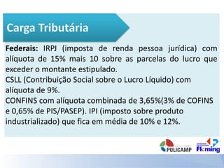 Federais: IRPJ (imposta de renda pessoa jurídica) com
alíquota de 15% mais 10 sobre as parcelas do lucro que
exceder o montante estipulado.
CSLL (Contribuição Social sobre o Lucro Líquido) com
alíquota de 9%.
CONFINS com alíquota combinada de 3,65%(3% de COFINS
e 0,65% de PIS/PASEP). IPI (imposto sobre produto
industrializado) que fica em média de 10% e 12%.
 
