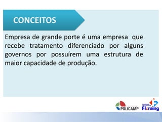 Empresa de grande porte é uma empresa que
recebe tratamento diferenciado por alguns
governos por possuírem uma estrutura de
maior capacidade de produção.
 