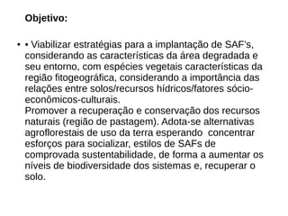 Objetivo:
● • Viabilizar estratégias para a implantação de SAF’s,
considerando as características da área degradada e
seu entorno, com espécies vegetais características da
região fitogeográfica, considerando a importância das
relações entre solos/recursos hídricos/fatores sócio-
econômicos-culturais.
Promover a recuperação e conservação dos recursos
naturais (região de pastagem). Adota-se alternativas
agroflorestais de uso da terra esperando concentrar
esforços para socializar, estilos de SAFs de
comprovada sustentabilidade, de forma a aumentar os
níveis de biodiversidade dos sistemas e, recuperar o
solo.
 