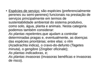● Espécies de serviço: são espécies (preferencialmente
perenes ou semi-perenes) funcionais na prestação de
serviços principalmente em termos de
sustentabilidade ambiental do sistema produtivo,
como solo, água, planta e animais. Nesta categoria
podemos também considerar:
As plantas repelentes,que ajudam a controlar
determinadas pragas e, eventualmente, as doenças
das espécies prioritárias; entre elas: o nîm
(Azadirachta indica), o cravo-do-defunto (Tagetes
minuta), o gengibre (Zingiber oficinale);
As plantas indicadoras, e;
As plantas invasoras (invasoras benéficas e invasoras
de risco).
 