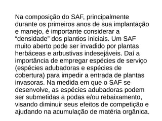 Na composição do SAF, principalmente
durante os primeiros anos de sua implantação
e manejo, é importante considerar a
“densidade” dos plantios iniciais. Um SAF
muito aberto pode ser invadido por plantas
herbáceas e arbustivas indesejáveis. Daí a
importância de empregar espécies de serviço
(espécies adubadoras e espécies de
cobertura) para impedir a entrada de plantas
invasoras. Na medida em que o SAF se
desenvolve, as espécies adubadoras podem
ser submetidas a podas e/ou rebaixamento,
visando diminuir seus efeitos de competição e
ajudando na acumulação de matéria orgânica.
 