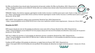 De Olho nos Ruralistas lança dossiê sobre financiamento da bancada ruralista. De Olho nos Ruralistas, 2021. Disponível em:
<https://deolhonosruralistas.com.br/2022/07/18/de-olho-nos-ruralistas-lanca-dossie-sobre-financiamento-da-bancada-ruralista/>. Acesso
em: 10 set, 2022.
MERLINO, Tatiana. Os números mostram: agronegócio recebe muitos recursos e contribui pouco para o país. O joio e o trigo, 2021. Disponível
em: <https://ojoioeotrigo.com.br/2021/10/os-numeros-mostram-agronegocio-recebe-muitos-recursos-e-contribui-pouco-para-o-pais/>.
Acesso em: 10 set, 2022
Doações do MST:
MST prepara doação de mais de 50 toneladas de alimentos nesta sexta (22) no Paraná. Brasil de Fato, 2022. Disponível em:
<https://www.brasildefato.com.br/2022/07/21/mst-prepara-doacao-de-mais-de-50-toneladas-de-alimentos-nesta-sexta-22-no-parana>.
Acesso em: 10 set, 2022.
MST doa 1 milhão de marmitas e 5 mil toneladas de alimentos durante a pandemia. Brasil de Fato, 2021. Disponível em:
<https://www.brasildefato.com.br/2021/07/08/mst-doa-1-milhao-de-marmitas-e-5-mil-toneladas-de-alimentos-durante-a-pandemia>.
Acesso em: 10 set, 2022.
Famílias do MST partilham 30 toneladas de alimentos na região Norte do Paraná. MST, 2021. Disponível em:
<https://mst.org.br/2021/12/23/familias-do-mst-partilham-30-toneladas-de-alimentos-na-regiao-norte-do-parana/>. Acesso em: 10 set,
2022.
MST e MTST: Você realmente conhece esses movimentos? Brasil de Fato, 2018. Disponível em:
<https://www.brasildefato.com.br/2018/10/25/mst-e-mtst-voce-realmente-conhece-essas-organizacoes>. Acesso em: 10 set, 2022.
 