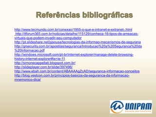 http://www.tecmundo.com.br/conexao/1955-o-que-e-intranet-e-extranet-.html
http://itforum365.com.br/noticias/detalhe/115129/conheca-16-tipos-de-ameacas-
virtuais-que-podem-invadir-seu-computador
http://pt.slideshare.net/pjsousa/tecnologias-da-informao-mecanismos-de-segurana
http://grsecurity.com.br/apostilas/seguranca/Introducao%20a%20Seguranca%20da
%20Informacao.pdf
http://windows.microsoft.com/pt-br/internet-explorer/manage-delete-browsing-
history-internet-explorer#ie=ie-11
http://simonecappellati.blogspot.com.br/
http://slideplayer.com.br/slide/397496/
http://www.ebah.com.br/content/ABAAAAgZcAD/seguranca-informacao-conceitos
http://blog.vestcon.com.br/principios-basicos-da-seguranca-da-informacao-
mnemonico-dica/
 