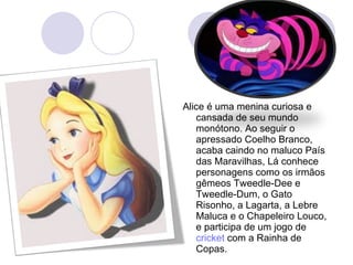 Alice é uma menina curiosa e cansada de seu mundo monótono. Ao seguir o apressado Coelho Branco, acaba caindo no maluco País das Maravilhas, Lá conhece personagens como os irmãos gêmeos Tweedle-Dee e Tweedle-Dum, o Gato Risonho, a Lagarta, a Lebre Maluca e o Chapeleiro Louco, e participa de um jogo de  cricket  com a Rainha de Copas. 