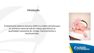 O aleitamento materno exclusivo (AME) é o melhor alimento para
os primeiros meses de vida da criança, pois oferece as
quantidades necessárias de energia, macronutrientes e
micronutrientes.
Introdução
 