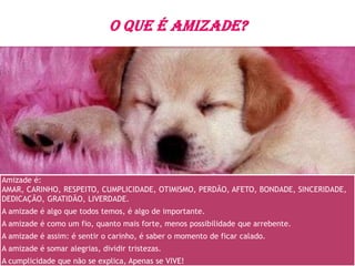 Amizade é:
AMAR, CARINHO, RESPEITO, CUMPLICIDADE, OTIMISMO, PERDÃO, AFETO, BONDADE, SINCERIDADE,
DEDICAÇÃO, GRATIDÃO, LIVERDADE.
A amizade é algo que todos temos, é algo de importante.
A amizade é como um fio, quanto mais forte, menos possibilidade que arrebente.
A amizade é assim: é sentir o carinho, é saber o momento de ficar calado.
A amizade é somar alegrias, dividir tristezas.
A cumplicidade que não se explica, Apenas se VIVE!
 