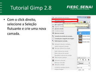Tutorial Gimp 2.8 
• Com o click direito, 
selecione a Seleção 
flutuante e crie uma nova 
camada. 
 