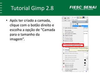Tutorial Gimp 2.8 
• Após ter criado a camada, 
clique com o botão direito e 
escolha a opção de “Camada 
para o tamanho da 
imagem”. 
 
