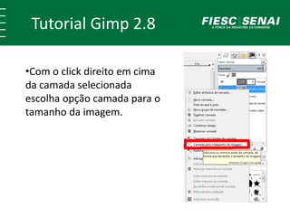 Tutorial Gimp 2.8 
•Com o click direito em cima 
da camada selecionada 
escolha opção camada para o 
tamanho da imagem. 
 
