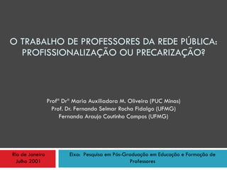 O TRABALHO DE PROFESSORES DA REDE PÚBLICA: PROFISSIONALIZAÇÃO OU PRECARIZAÇÃO? Profª Drª Maria Auxiliadora M. Oliveira (PUC Minas) Prof. Dr. Fernando Selmar Rocha Fidalgo (UFMG) Fernanda Araujo Coutinho Campos (UFMG) Rio de Janeiro Julho 2001 Eixo:  Pesquisa em Pós-Graduação em Educação e Formação de Professores‏ 