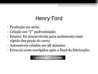Henry Ford 
• Produção em série; 
• Criação em “T” padronização; 
• Esteira: foi desenvolvida para andamento mais 
rápido das peças do carro. 
• Automóveis criados em 98 minutos. 
• Erros só eram corrigidos após o final da fabricação; 
+ produção = + vendas 
 