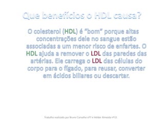 Que benefícios o HDL causa?O colesterol (HDL) é “bom” porque altas concentrações dele no sangue estão associadas a um menor risco de enfartes. O HDL ajuda a remover o LDL das paredes das artérias. Ele carrega o LDLdas células do corpo para o fígado, para reusar, converter em ácidos biliares ou descartar.Trabalho realizado por Bruno Carvalho nº7 e Hélder Almeida nº15