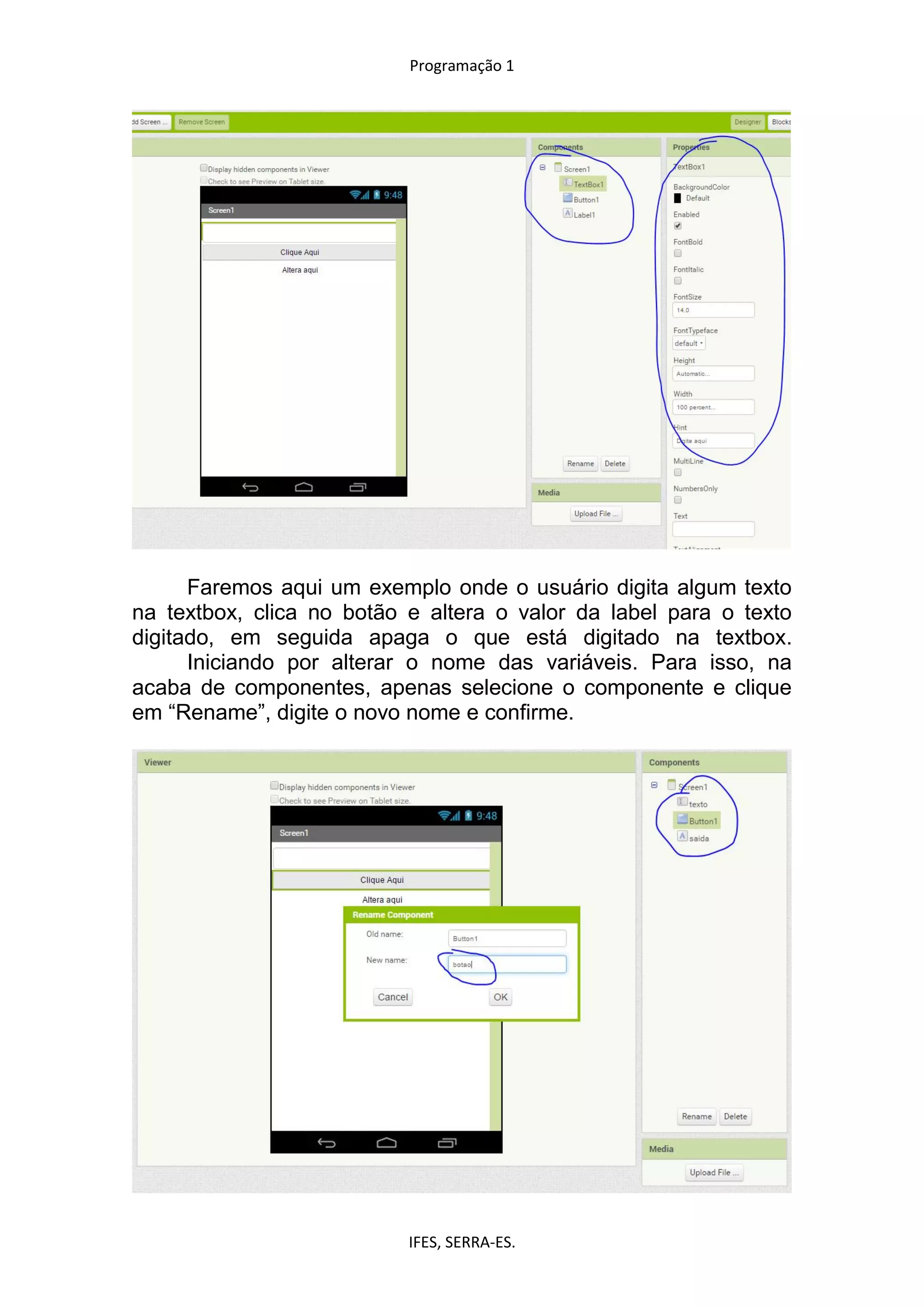 Programação 1
IFES, SERRA-ES.
Faremos aqui um exemplo onde o usuário digita algum texto
na textbox, clica no botão e altera o valor da label para o texto
digitado, em seguida apaga o que está digitado na textbox.
Iniciando por alterar o nome das variáveis. Para isso, na
acaba de componentes, apenas selecione o componente e clique
em “Rename”, digite o novo nome e confirme.
 