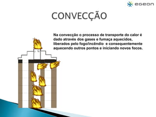Na convecção o processo de transporte do calor é
dado através dos gases e fumaça aquecidos,
liberados pelo fogo/incêndio e consequentemente
aquecendo outros pontos e iniciando novos focos.
 