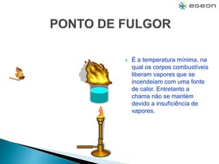  É a temperatura mínima, na
qual os corpos combustíveis
liberam vapores que se
incendeiam com uma fonte
de calor. Entretanto a
chama não se mantém
devido a insuficiência de
vapores.
 