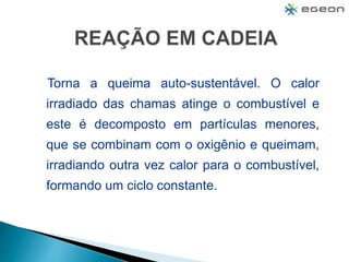 Torna a queima auto-sustentável. O calor
irradiado das chamas atinge o combustível e
este é decomposto em partículas menores,
que se combinam com o oxigênio e queimam,
irradiando outra vez calor para o combustível,
formando um ciclo constante.
 