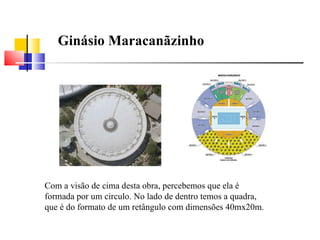 Ginásio Maracanãzinho Com a visão de cima desta obra, percebemos que ela é formada por um circulo. No lado de dentro temos a quadra, que é do formato de um retângulo com dimensões 40mx20m.  