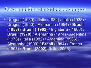 Os campeões de todos os temposOs campeões de todos os tempos
 Uruguai (1930) / Itália (1934) / Itália (1938) /Uruguai (1930) / Itália (1934) / Itália (1938) /
Uruguai (1950) / Alemanha (1954) /Uruguai (1950) / Alemanha (1954) / BrasilBrasil
(1958)(1958) // Brasil ( 1962)Brasil ( 1962) / Inglaterra ( 1968) // Inglaterra ( 1968) /
Brasil (1970)Brasil (1970) / Alemanha (1974) / Argentina/ Alemanha (1974) / Argentina
(1978) / Itália (1982) / Argentina (1986) /(1978) / Itália (1982) / Argentina (1986) /
Alemanha (1990) /Alemanha (1990) / Brasil (1994)Brasil (1994) / França/ França
(1998) /(1998) / Brasil (2002),Brasil (2002), Itália (2006)Itália (2006)..
 