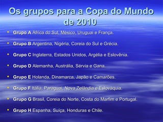 Os grupos para a Copa do MundoOs grupos para a Copa do Mundo
de 2010de 2010
 Grupo AGrupo A África do Sul, México, Uruguai e França.África do Sul, México, Uruguai e França.
 Grupo BGrupo B Argentina, Nigéria, Coreia do Sul e Grécia.Argentina, Nigéria, Coreia do Sul e Grécia.
 Grupo CGrupo C Inglaterra, Estados Unidos, Argélia e Eslovênia.Inglaterra, Estados Unidos, Argélia e Eslovênia.
 Grupo DGrupo D Alemanha, Austrália, Sérvia e Gana.Alemanha, Austrália, Sérvia e Gana.
 Grupo EGrupo E Holanda, Dinamarca, Japão e Camarões.Holanda, Dinamarca, Japão e Camarões.
 Grupo FGrupo F Itália, Paraguai, Nova Zelândia e Eslováquia.Itália, Paraguai, Nova Zelândia e Eslováquia.
 Grupo GGrupo G Brasil, Coreia do Norte, Costa do Marfim e Portugal.Brasil, Coreia do Norte, Costa do Marfim e Portugal.
 Grupo HGrupo H Espanha, Suíça, Honduras e Chile.Espanha, Suíça, Honduras e Chile.
 
