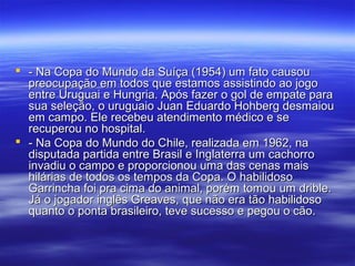  - Na Copa do Mundo da Suíça (1954) um fato causou- Na Copa do Mundo da Suíça (1954) um fato causou
preocupação em todos que estamos assistindo ao jogopreocupação em todos que estamos assistindo ao jogo
entre Uruguai e Hungria. Após fazer o gol de empate paraentre Uruguai e Hungria. Após fazer o gol de empate para
sua seleção, o uruguaio Juan Eduardo Hohberg desmaiousua seleção, o uruguaio Juan Eduardo Hohberg desmaiou
em campo. Ele recebeu atendimento médico e seem campo. Ele recebeu atendimento médico e se
recuperou no hospital.recuperou no hospital.
 - Na Copa do Mundo do Chile, realizada em 1962, na- Na Copa do Mundo do Chile, realizada em 1962, na
disputada partida entre Brasil e Inglaterra um cachorrodisputada partida entre Brasil e Inglaterra um cachorro
invadiu o campo e proporcionou uma das cenas maisinvadiu o campo e proporcionou uma das cenas mais
hilárias de todos os tempos da Copa. O habilidosohilárias de todos os tempos da Copa. O habilidoso
Garrincha foi pra cima do animal, porém tomou um drible.Garrincha foi pra cima do animal, porém tomou um drible.
Já o jogador inglês Greaves, que não era tão habilidosoJá o jogador inglês Greaves, que não era tão habilidoso
quanto o ponta brasileiro, teve sucesso e pegou o cão.quanto o ponta brasileiro, teve sucesso e pegou o cão.
 