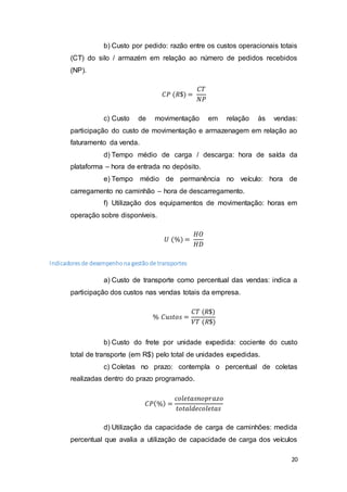 20
b) Custo por pedido: razão entre os custos operacionais totais
(CT) do silo / armazém em relação ao número de pedidos recebidos
(NP).
𝐶𝑃 (𝑅$) =
𝐶𝑇
𝑁𝑃
c) Custo de movimentação em relação às vendas:
participação do custo de movimentação e armazenagem em relação ao
faturamento da venda.
d) Tempo médio de carga / descarga: hora de saída da
plataforma – hora de entrada no depósito.
e) Tempo médio de permanência no veículo: hora de
carregamento no caminhão – hora de descarregamento.
f) Utilização dos equipamentos de movimentação: horas em
operação sobre disponíveis.
𝑈 (%) =
𝐻𝑂
𝐻𝐷
Indicadoresde desempenhona gestãode transportes
a) Custo de transporte como percentual das vendas: indica a
participação dos custos nas vendas totais da empresa.
% 𝐶𝑢𝑠𝑡𝑜𝑠 =
𝐶𝑇 (𝑅$)
𝑉𝑇 (𝑅$)
b) Custo do frete por unidade expedida: cociente do custo
total de transporte (em R$) pelo total de unidades expedidas.
c) Coletas no prazo: contempla o percentual de coletas
realizadas dentro do prazo programado.
𝐶𝑃(%) =
𝑐𝑜𝑙𝑒𝑡𝑎𝑠𝑛𝑜𝑝𝑟𝑎𝑧𝑜
𝑡𝑜𝑡𝑎𝑙𝑑𝑒𝑐𝑜𝑙𝑒𝑡𝑎𝑠
d) Utilização da capacidade de carga de caminhões: medida
percentual que avalia a utilização de capacidade de carga dos veículos
 
