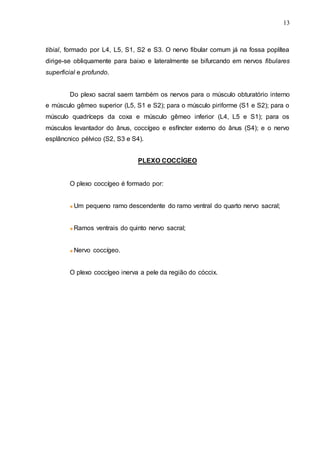 13
tibial, formado por L4, L5, S1, S2 e S3. O nervo fibular comum já na fossa poplítea
dirige-se obliquamente para baixo e lateralmente se bifurcando em nervos fibulares
superficial e profundo.
Do plexo sacral saem também os nervos para o músculo obturatório interno
e músculo gêmeo superior (L5, S1 e S2); para o músculo piriforme (S1 e S2); para o
músculo quadríceps da coxa e músculo gêmeo inferior (L4, L5 e S1); para os
músculos levantador do ânus, coccígeo e esfíncter externo do ânus (S4); e o nervo
esplâncnico pélvico (S2, S3 e S4).
PLEXO COCCÍGEO
O plexo coccígeo é formado por:
Um pequeno ramo descendente do ramo ventral do quarto nervo sacral;
Ramos ventrais do quinto nervo sacral;
Nervo coccígeo.
O plexo coccígeo inerva a pele da região do cóccix.
 