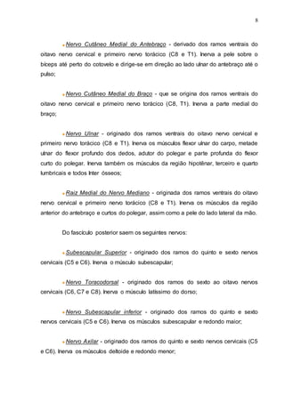 8
Nervo Cutâneo Medial do Antebraço - derivado dos ramos ventrais do
oitavo nervo cervical e primeiro nervo torácico (C8 e T1). Inerva a pele sobre o
bíceps até perto do cotovelo e dirige-se em direção ao lado ulnar do antebraço até o
pulso;
Nervo Cutâneo Medial do Braço - que se origina dos ramos ventrais do
oitavo nervo cervical e primeiro nervo torácico (C8, T1). Inerva a parte medial do
braço;
Nervo Ulnar - originado dos ramos ventrais do oitavo nervo cervical e
primeiro nervo torácico (C8 e T1). Inerva os músculos flexor ulnar do carpo, metade
ulnar do flexor profundo dos dedos, adutor do polegar e parte profunda do flexor
curto do polegar. Inerva também os músculos da região hipotênar, terceiro e quarto
lumbricais e todos Inter ósseos;
Raiz Medial do Nervo Mediano - originada dos ramos ventrais do oitavo
nervo cervical e primeiro nervo torácico (C8 e T1). Inerva os músculos da região
anterior do antebraço e curtos do polegar, assim como a pele do lado lateral da mão.
Do fascículo posterior saem os seguintes nervos:
Subescapular Superior - originado dos ramos do quinto e sexto nervos
cervicais (C5 e C6). Inerva o músculo subescapular;
Nervo Toracodorsal - originado dos ramos do sexto ao oitavo nervos
cervicais (C6, C7 e C8). Inerva o músculo latíssimo do dorso;
Nervo Subescapular inferior - originado dos ramos do quinto e sexto
nervos cervicais (C5 e C6). Inerva os músculos subescapular e redondo maior;
Nervo Axilar - originado dos ramos do quinto e sexto nervos cervicais (C5
e C6). Inerva os músculos deltoide e redondo menor;
 