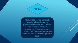 REGRAS
Regras: Não sair do bambolê,
quando a bola chegar no
primeiro ele sai quicando a bola,
não pode correr e segura-la
chegou na cesta arremessa e
começa tudo de novo, o time que
marcar 5 cestas primeiro ganha o
jogo.
 