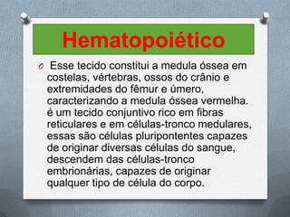 Hematopoiético
O Esse tecido constitui a medula óssea em
 costelas, vértebras, ossos do crânio e
 extremidades do fêmur e úmero,
 caracterizando a medula óssea vermelha.
 é um tecido conjuntivo rico em fibras
 reticulares e em células-tronco medulares,
 essas são células pluripontentes capazes
 de originar diversas células do sangue,
 descendem das células-tronco
 embrionárias, capazes de originar
 qualquer tipo de célula do corpo.
 