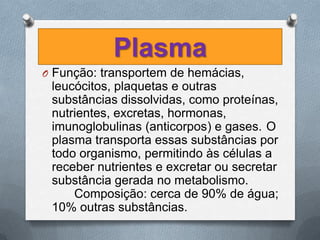 Plasma
O Função: transportem de hemácias,
 leucócitos, plaquetas e outras
 substâncias dissolvidas, como proteínas,
 nutrientes, excretas, hormonas,
 imunoglobulinas (anticorpos) e gases. O
 plasma transporta essas substâncias por
 todo organismo, permitindo às células a
 receber nutrientes e excretar ou secretar
 substância gerada no metabolismo.
     Composição: cerca de 90% de água;
 10% outras substâncias.
 