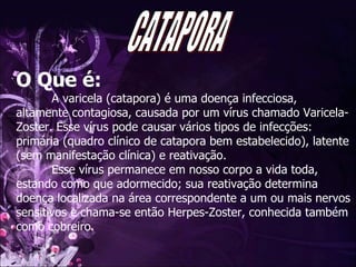 CATAPORA O Que é: A varicela (catapora) é uma doença infecciosa, altamente contagiosa, causada por um vírus chamado Varicela-Zoster. Esse vírus pode causar vários tipos de infecções: primária (quadro clínico de catapora bem estabelecido), latente (sem manifestação clínica) e reativação.  Esse vírus permanece em nosso corpo a vida toda, estando como que adormecido; sua reativação determina doença localizada na área correspondente a um ou mais nervos sensitivos e chama-se então Herpes-Zoster, conhecida também como cobreiro.   