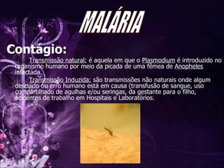 Contágio: Transmissão natural:  é aquela em que o  Plasmodium  é introduzido no organismo humano por meio da picada de uma fêmea de  Anopheles  infectada. Transmissão Induzida:  são transmissões não naturais onde algum descuido ou erro humano está em causa (transfusão de sangue, uso compartilhado de agulhas e/ou seringas, da gestante para o filho, acidentes de trabalho em Hospitais e Laboratórios.  MALÁRIA 