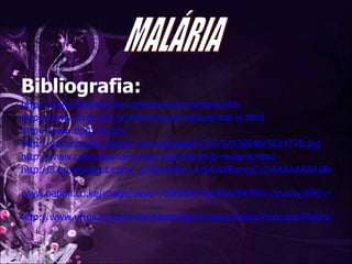 Bibliografia: http://www.brasilescola.com/doencas/malaria.htm http://www.cives.ufrj.br/informacao/malaria/mal-iv.html   http://www.dpd.cdc.gov   http://malariauefs.weebly.com/uploads/9/3/6/0/936046/5624778.jpg   http://www.copacabanarunners.net/sintomas-malaria.html   http://3.bp.blogspot.com/_g706voPkm14/SAvWEamgC1I/AAAAAAAAARQ/5g2Bk9VeQqY/s320/far_malaria2.jpg   www.nation.co.ke/image/view/-/606064/highRes/54704/-/maxw/600/-/xkjybgz/-/AFR98_AFRICA-MALARIA-VACCIN.jpg   http://www.ufrgs.br/para-site/siteantigo/Imagensatlas/Protozoa/Plasmodium.htm   MALÁRIA 