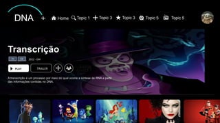 Transcrição
A transcrição é um processo por meio do qual ocorre a síntese de RNA a partir
das informações contidas no DNA.
7+ 2022 - GM
PLAY TRAILER
DNA Home Topic 1 Topic 3 Topic 3 Topic 5 Topic 5
CC
 