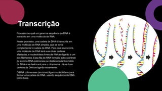 Processo no qual um gene na sequência do DNA é
transcrito em uma molécula de RNA.
Nesse processo, uma cadeia de DNA é transcrita em
uma molécula de RNA simples, que se torna
complementar à cadeia de DNA. Para que isso ocorra,
uma molécula de DNA terá suas duas cadeias
afastadas, e nucleotídeos livres de RNA se ligarão a um
dos filamentos. Essa fita de RNA formada sob o controle
da enzima RNA-polimerase se destacará da fita molde
de DNA e se deslocará para o citoplasma. Já as duas
cadeias de DNA se ligarão novamente.
O RNA polimerases (enzimas) ligam nucleotídeos para
formar uma cadeia de RNA, usando sequência de DNA
como base.
Transcrição
 
