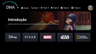 Introdução
A genética molecular é a área da biologia que estuda a estrutura e a função dos genes a nível molecular.
DNA Home Topic 1 Topic 3 Topic 3 Topic 5 Topic 5
 