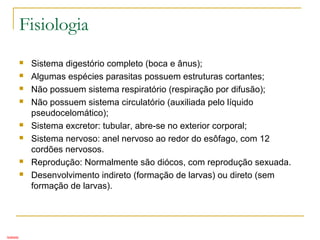 Fisiologia
 Sistema digestório completo (boca e ânus);
 Algumas espécies parasitas possuem estruturas cortantes;
 Não possuem sistema respiratório (respiração por difusão);
 Não possuem sistema circulatório (auxiliada pelo líquido
pseudocelomático);
 Sistema excretor: tubular, abre-se no exterior corporal;
 Sistema nervoso: anel nervoso ao redor do esôfago, com 12
cordões nervosos.
 Reprodução: Normalmente são diócos, com reprodução sexuada.
 Desenvolvimento indireto (formação de larvas) ou direto (sem
formação de larvas).
Isabela
 