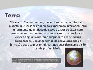 Terra3º evento: Com as mudanças ocorridas na temperatura do planeta, que foi se resfriando, foi expelida do interior da Terra uma imensa quantidade de gases e vapor de água. Esse processo fez com que os gases formassem a atmosfera e o vapor de água favoreceu o surgimento das primeiras precipitações, um longo tempo de chuva ocasionou a formação dos oceanos primitivos, que possuíam cerca de 20 cm de profundidade.