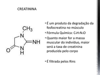 É um produto da degradação da
fosfocreatina no músculo
Fórmula Química: C4H7N3O
Quanto maior for a massa
muscular do indivíduo, maior
será a taxa de creatinina
produzida pelo corpo
É filtrada pelos Rins
 