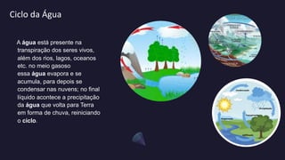 Ciclo da Água
A água está presente na
transpiração dos seres vivos,
além dos rios, lagos, oceanos
etc. no meio gasoso
essa água evapora e se
acumula, para depois se
condensar nas nuvens; no final
líquido acontece a precipitação
da água que volta para Terra
em forma de chuva, reiniciando
o ciclo.
 