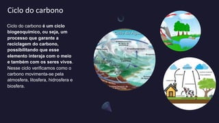 Ciclo do carbono
Ciclo do carbono é um ciclo
biogeoquímico, ou seja, um
processo que garante a
reciclagem do carbono,
possibilitando que esse
elemento interaja com o meio
e também com os seres vivos.
Nesse ciclo verificamos como o
carbono movimenta-se pela
atmosfera, litosfera, hidrosfera e
biosfera.
 