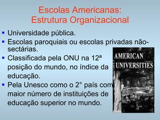 Escolas Americanas: Estrutura Organizacional Universidade pública. Escolas paroquiais ou escolas privadas não-sectárias. Classificada pela ONU na 12ª posição do mundo, no índice da  educação. Pela Unesco como o 2° país com maior número de instituições de  educação superior no mundo. 